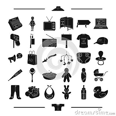 Textiles, equipment, transportation and other web icon in black style. Bottle, apron, machinery, icons in set collection Vector Illustration