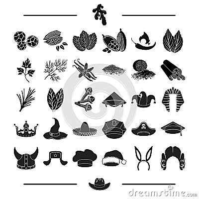 Textiles, tailoring, history and other web icon in black style.professor, plants, condiments icons in set collection. Vector Illustration