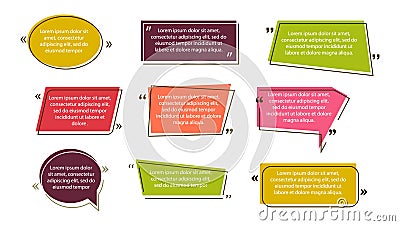 Texting boxes. Quotes in colored bubbles. The text of expressions in frames and quotation marks. Design of colored Vector Illustration