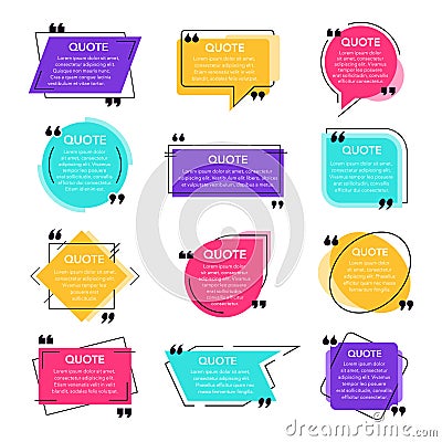 Texting quotes frames. Text box template, quote modern citation speech bubble and social network quotes dialogue boxes Vector Illustration