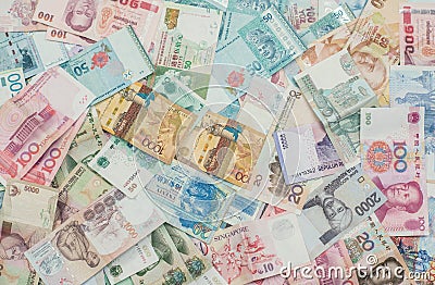 Texture of Asia money.Currency of Kazakhstan, Hong Kong, Indonesia, Malaysia, China, Thai and Singapore Stock Photo