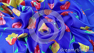 Multicolored, floral silk fabric. Variety of tulips, amazing color scheme. Stock Photo