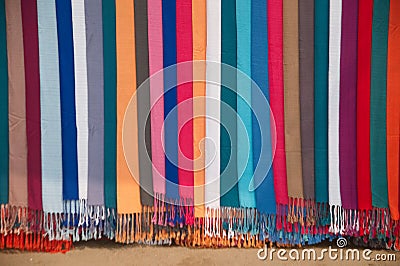 Texture or background of Woven fabric, colorful display hangers. Stock Photo