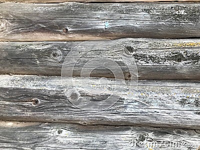 Texture of a black gray old wood wall made of logs, a fence of horizontal worn-out burnt, rotten boards with cracks and knots Stock Photo