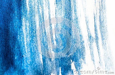 Texture of blue watercolor paint on white paper. Horizontal background with stains of watercolour brush strokes. Stock Photo