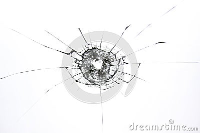 The texture of broken cracked glass after being hit by a solid object. Cracks isolated on white Stock Photo