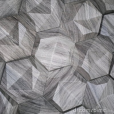 The texture of the ceramic tiles in the form of a hexagon made of natural stone of gray color with convex surfaces of a triangular Stock Photo