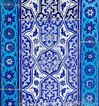 Texture of ceramic tiles in oriental East style. Turkish ceramic tiles lined on the wall. Old azulejo pattern floral Stock Photo