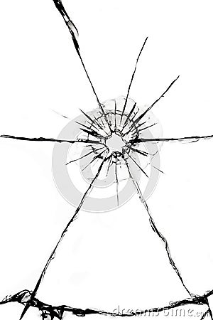 Texture of cracks on the glass from the shot. Cracked glass for design. Cracks on a white background Stock Photo