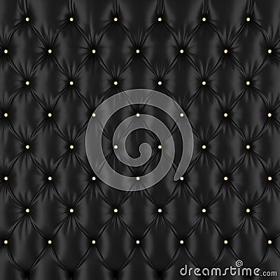 Texture detail of quilted black leather sofa with gold-colored buttons Stock Photo