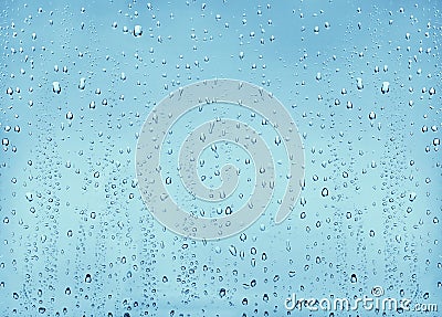 Texture drops of water on a transparent glass blue Stock Photo