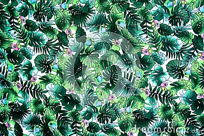 texture fabric Vintage Hawaiian parrot and leaves Stock Photo