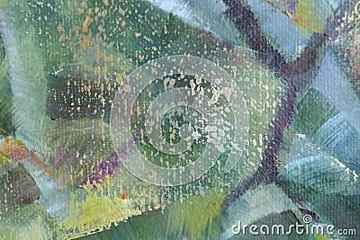 Texture fragment of oil painting, green background with yellow splashes large size Stock Photo