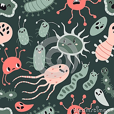 Texture with kawaii infection Bacteria, Virus, Germ Vector Illustration