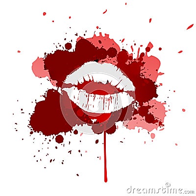 The texture of the kiss on the background of watercolor red spots. Cartoon Illustration