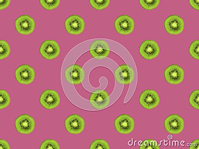 texture. Kiwi repeating seamless pattern on purple background. Kiwi is cut. Stock Photo