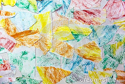 Texture of many pieces of torn paper. Shreds of torn colored paper. Puzzle Stock Photo