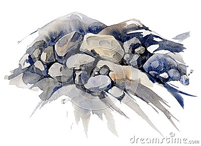 Texture natural stones watercolor illustration. Hand drawn nature grey rocks, isolated on white background. Cartoon Illustration