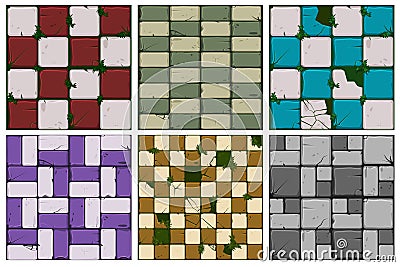 Texture of old stone tiles, seamless background stone wall and grass. Vector illustration for user interface of the game element. Vector Illustration