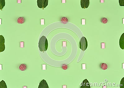 Texture or pattern with Ð¼int leaves, raspberry and gum isolated on mint background. Set of peppermint leaves. Mint Pattern. Flat Stock Photo