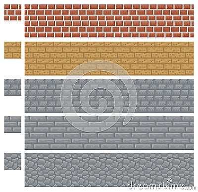 Texture for platformers pixel art vector - brick, stone and wood wall Vector Illustration