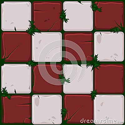 Texture of red stone tiles, seamless background stone wall and grass. Vector illustration for user interface of the game Vector Illustration