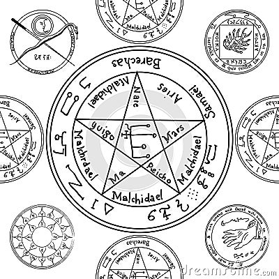 Texture with a repetitive pentacle pattern. Occult background. T Stock Photo