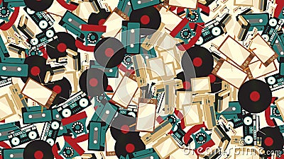 The texture is a seamless pattern of old vintage retro electronics technology from 70`s, 80`s, 90`s Vector Illustration