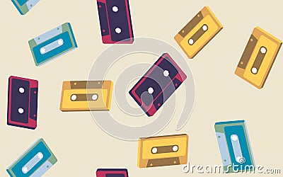 Texture, seamless pattern from old vintage retro hipster antique stylish musical isometry voluminous audio cassette Vector Illustration