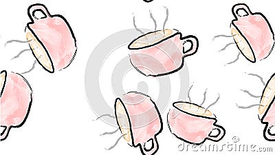 Texture seamless pattern of pink cups of mugs with a handle of hot delicious invigorating black coffee painted with Vector Illustration