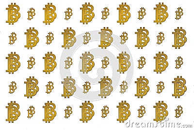 Texture of sign crypto currency of bitcoin on gold background. Symbol BTC. Stock Photo