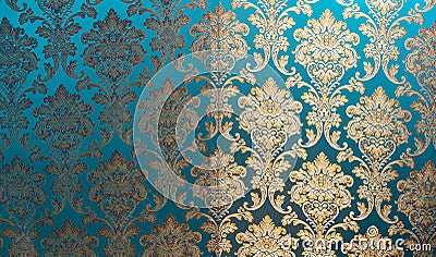 The texture of silk with a floral pattern. Chinese silk brocade, beautiful expensive fabric background. Gold ornament turquoise em Stock Photo