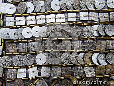 Texture of square and disk-shaped shiny metals bead sequins and spangles Stock Photo