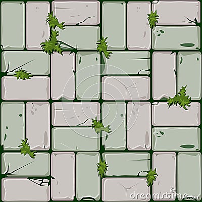 Texture of stone tiles, seamless background stone wall and grass. Vector illustration for user interface of the game Vector Illustration