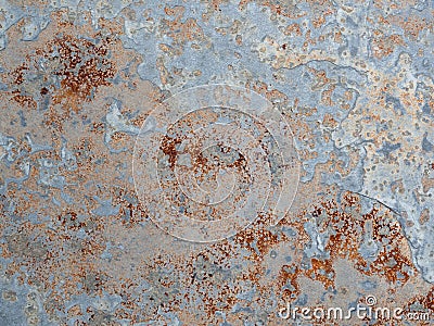 Texture of wall with brass and aqua patina. Blue silver surface with streaks of rust. Rusty corrosion. Brown, grey, blue and Stock Photo