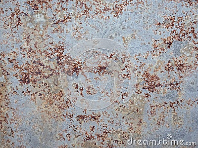 Texture of wall with brass and aqua patina. Blue silver surface with streaks of rust. Rusty corrosion. Brown, grey, blue Stock Photo