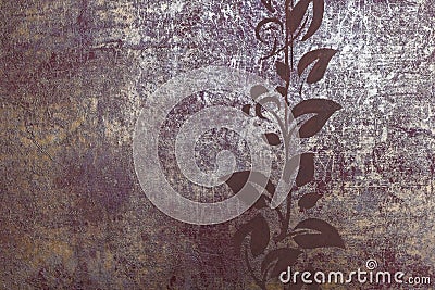 Texture wallpaper background burgundy color with gold. Right up stencil drawing branches with leaves - floral ornament Stock Photo