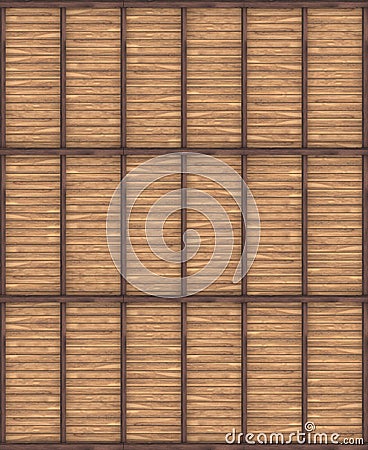 The texture of the wooden ceiling with beams. Top view. 3D visualization. Stock Photo