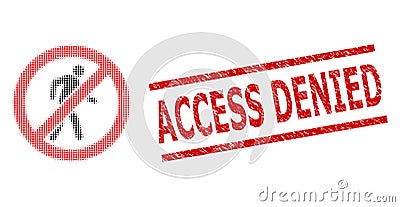 Textured Access Denied Seal and Halftone Dotted No Pedestrian Walking Vector Illustration