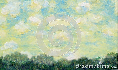 Country scene scape sky with clouds trees forest horizon background painting Stock Photo