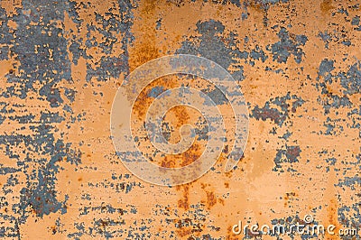 Textured background of a faded yellow paint with rusted cracks on rusted metal. Grunge texture of an old cracked metal Stock Photo