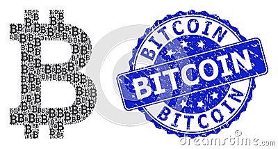 Textured Bitcoin Round Stamp and Recursive Bitcoin Icon Composition Vector Illustration