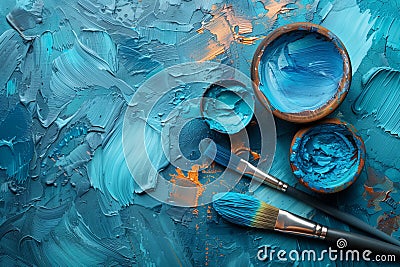 Textured blue paint and brushes close-up Stock Photo