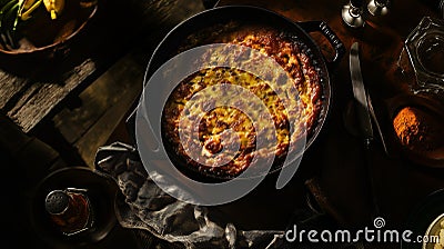 Textured Bobotie Warm Golden Brown Against Rustic Wood Setting, created using generative AI tools Stock Photo