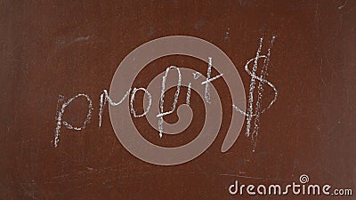 Textured brown chalkboard background. 'Profit' and the dollar sigh are written on the board with a piece of Stock Photo