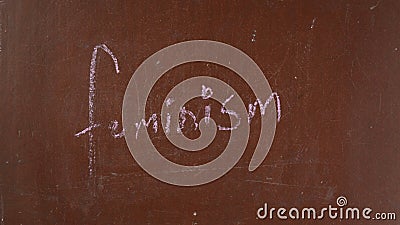 Textured brown chalkboard background. 'Feminism' is written on the board with a piece of pink chalk. Close up Stock Photo