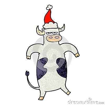 textured cartoon of a bull wearing santa hat Vector Illustration