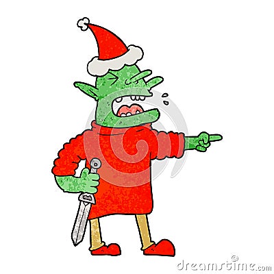 textured cartoon of a goblin with knife wearing santa hat Vector Illustration