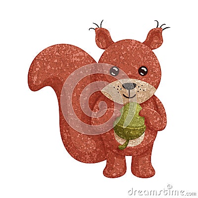 Textured cartoon illustration of a funny squirrel with acorn Vector Illustration