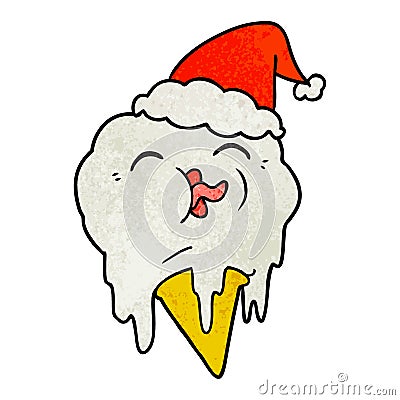 textured cartoon of a melting ice cream wearing santa hat Vector Illustration